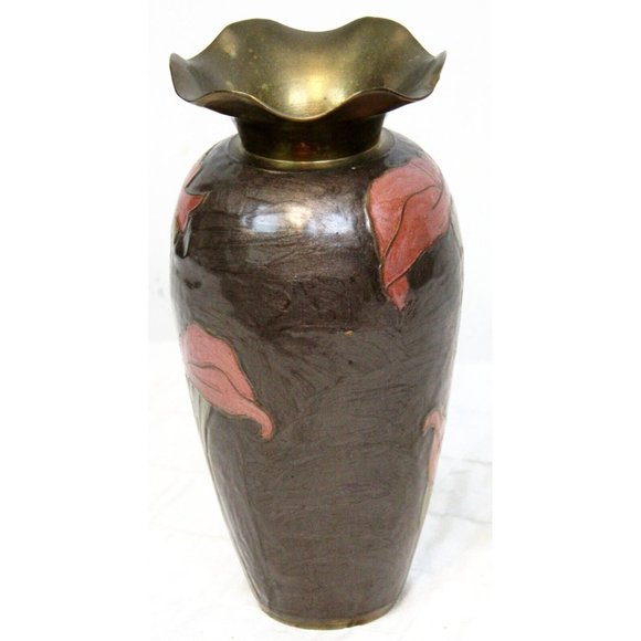 Vtg 80s Cloisonné Brass Vase Pink Lillies Brown Calla Cala Lily Ruffled Rim Top - Picture 4 of 10